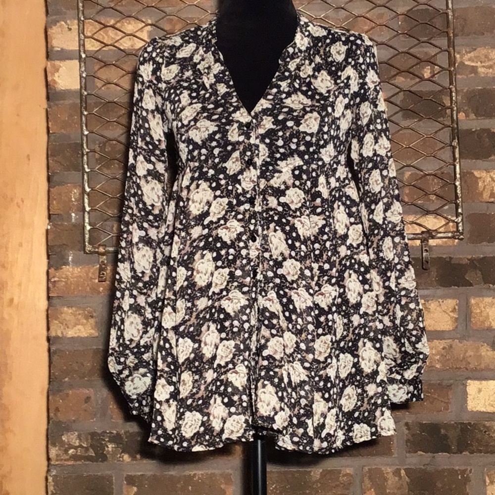 dmbm sheer button down flair blouse black brown floral pattern S